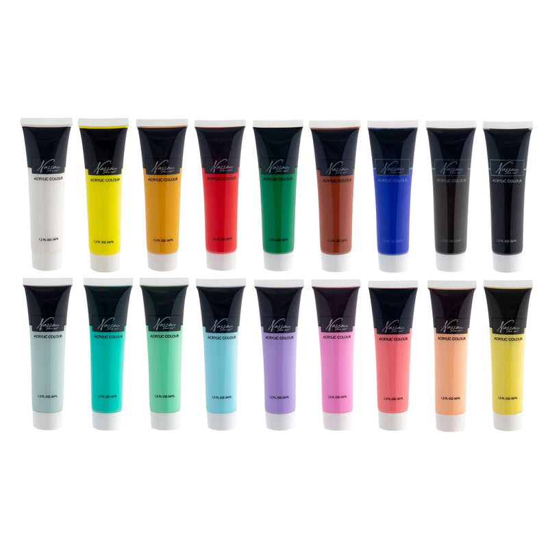 Afbeelding laden in galerijviewer, Nassau fine art hobbyverf acrylverf set 18pcs - 36ml verf tubes - acrylverf kinderen en volwassenen - 9 pastel 9 basis kleuren - verf kinderen knutselen - kinder verf set

