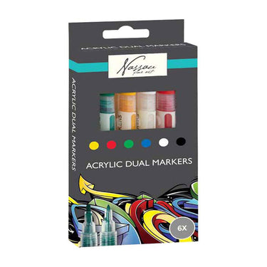 Nassau fine art professionele acrylstiften | 6 verschillende kleuren | doppelmarkers | geschikt voor stenen - schoenen - glas - plastic - hout - kleding