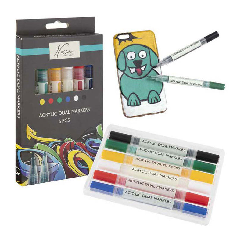 Afbeelding laden in galerijviewer, Nassau fine art professionele acrylstiften | 6 verschillende kleuren | doppelmarkers | geschikt voor stenen - schoenen - glas - plastic - hout - kleding
