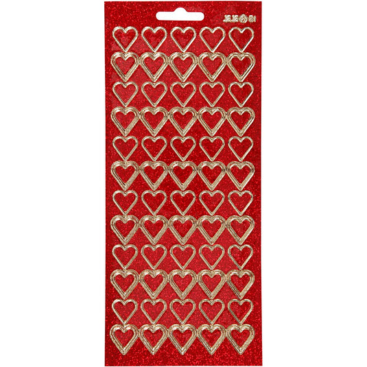 Stickers, harten, vel 10x23 cm, goud, rood glitter, 1 vel