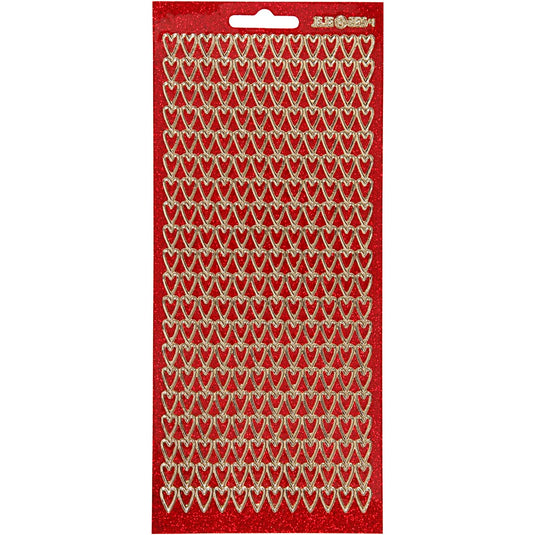 Stickers, harten, vel 10x23 cm, goud, rood glitter, 1 vel
