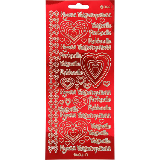 Stickers, hyvaa ystävänpäivää, vel 10x23 cm, goud, transparant rood, 1 vel