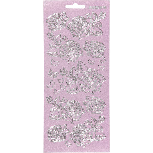 Stickers, rozen, vel 10x23 cm, zilver, 1 vel