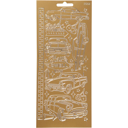 Stickers, auto's, vel 10x23 cm, goud, 1 vel