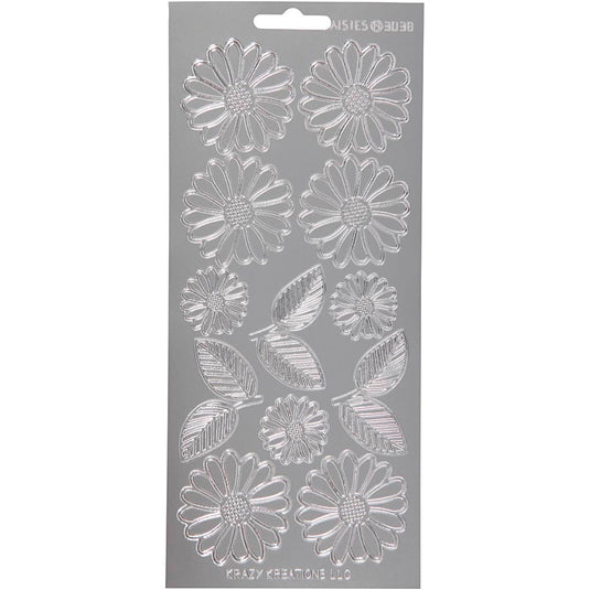 Stickers, margrieten, vel 10x23 cm, zilver, 1 vel