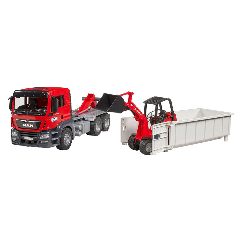 Afbeelding laden in galerijviewer, Bruder , miniatuurauto van de man tgs vrachtwagen met container, rood
