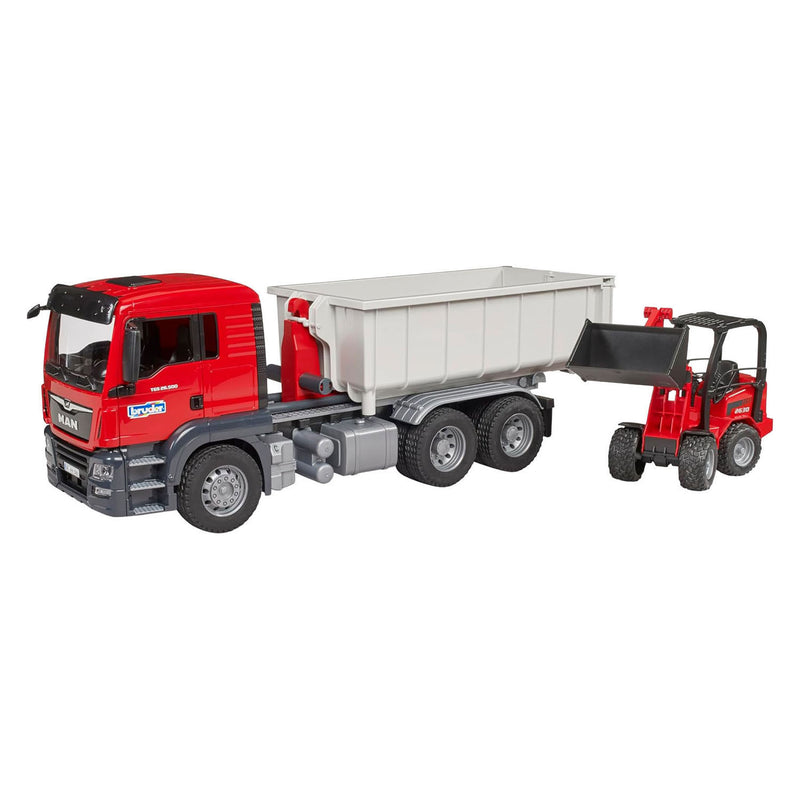 Afbeelding laden in galerijviewer, Bruder , miniatuurauto van de man tgs vrachtwagen met container, rood

