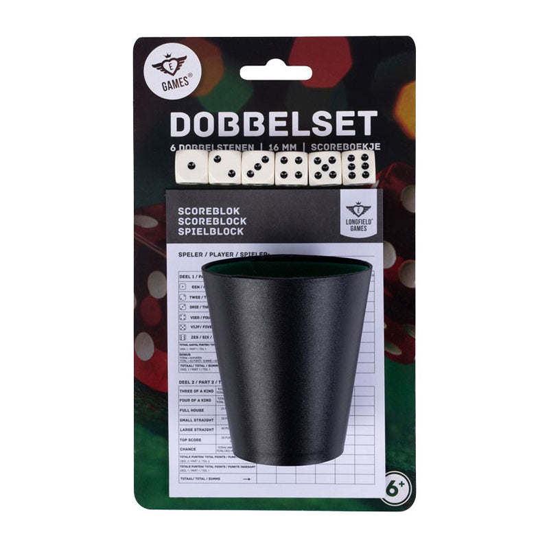 Afbeelding laden in galerijviewer, Longfield dobbelset beker+ 6 dobbelstenen en scoreboekje
