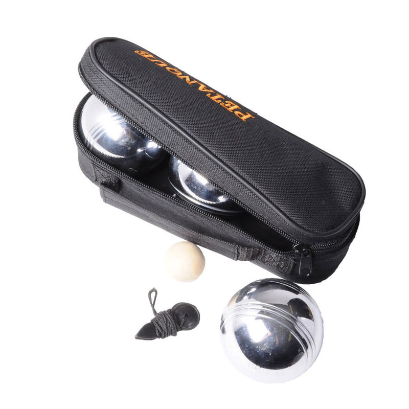 Afbeelding laden in galerijviewer, Engelhart metalen jeu de boules set – 3 ballen in zwarte rits tas – pétanque set – metalen boules 74 mm 720 g – inclusief but, meetlint en spelregels –

