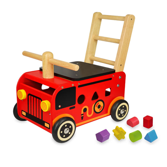 I'm toy houten loopwagen brandweer met blokken -