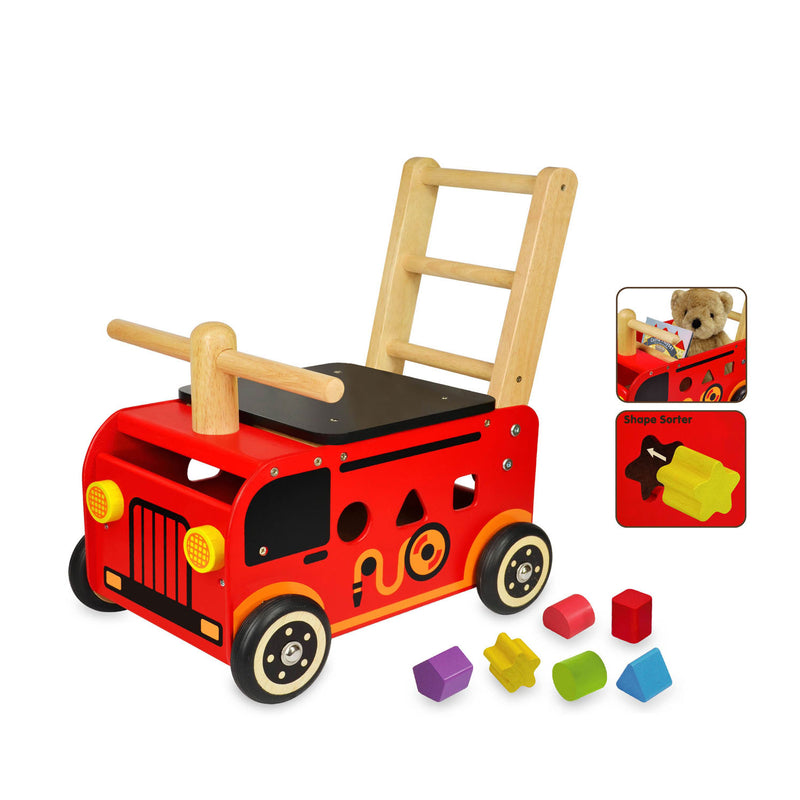 Afbeelding laden in galerijviewer, I'm toy houten loopwagen brandweer met blokken -
