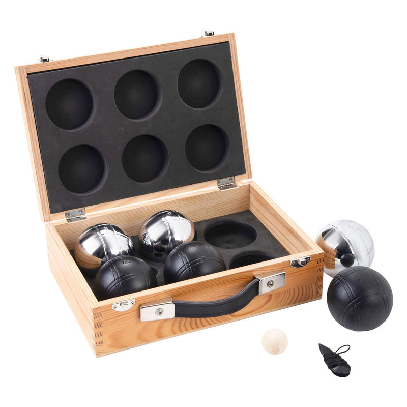 Afbeelding laden in galerijviewer, Engelhart metalen jeu de boules - 6 ballen in houten kist - zwart grijs - luxe set - pétanque - boules - metalen ballen - geschikt voor elke jeu de boules baan - longfield
