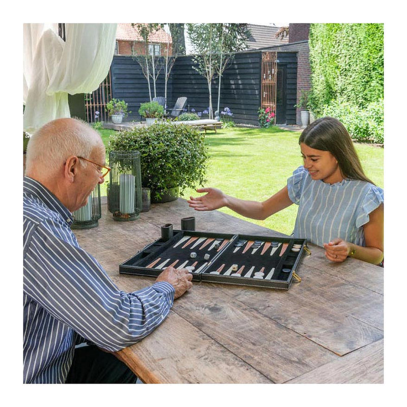 Afbeelding laden in galerijviewer, Engelhart backgammon 18 inch - bruin ivoor gestikt bord - zwarte koffer met handvat - luxe reiseditie -
