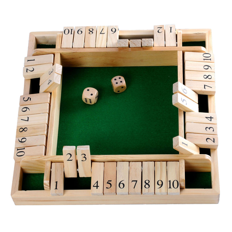 Afbeelding laden in galerijviewer, Longfield shut the box – 4 spelers – rubberhouten bak met ingelegd vilt – inclusief 8 houten dobbelstenen – bordspel 29 x 29 x 3,5 cm – strategisch familiespel – engelhart

