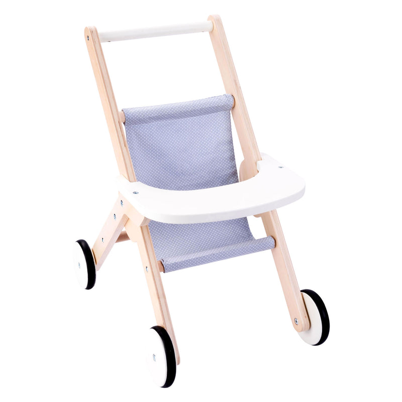 Afbeelding laden in galerijviewer, Houten poppenwandelwagen grijs blauw
