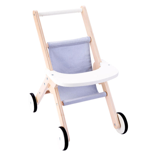 Houten poppenwandelwagen grijs blauw