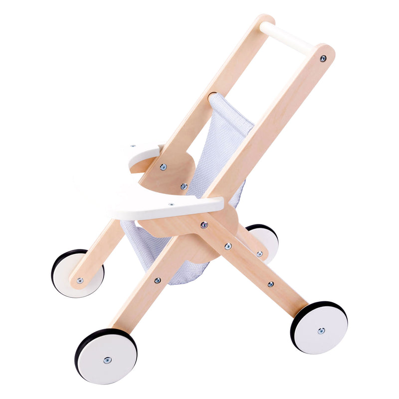 Afbeelding laden in galerijviewer, Houten poppenwandelwagen grijs blauw
