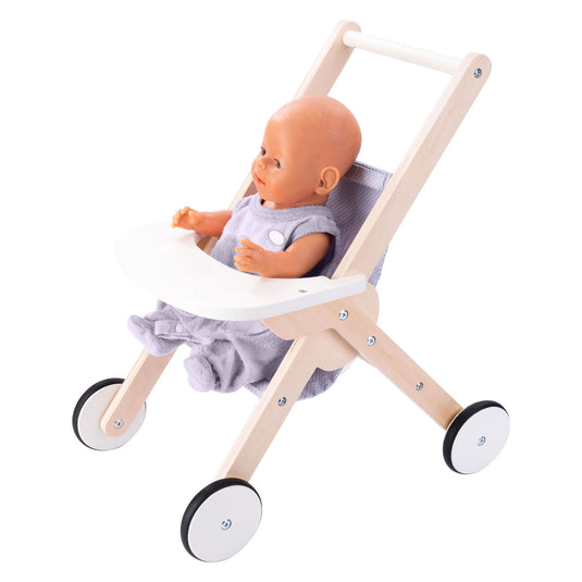 Houten poppenwandelwagen grijs blauw