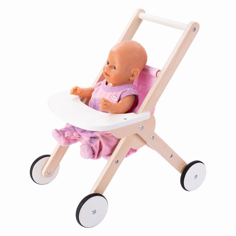 Afbeelding laden in galerijviewer, Houten poppenwandelwagen roze
