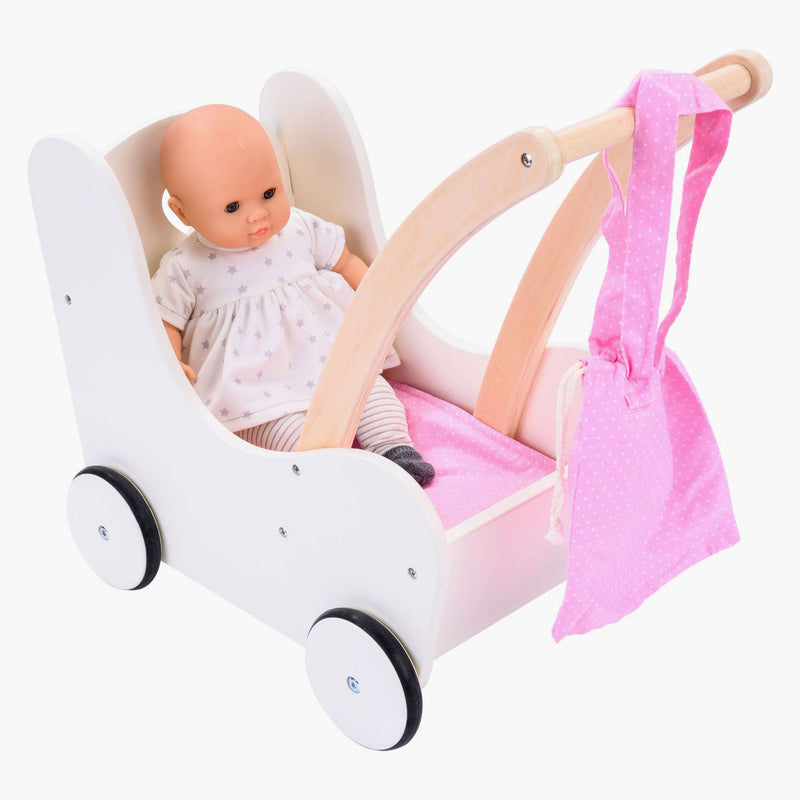 Afbeelding laden in galerijviewer, Engelhart poppen loopwagen roze wit – houten poppenwagen met matrasje, dekentje, kussentje opbergtas – geschikt voor alle poppen –
