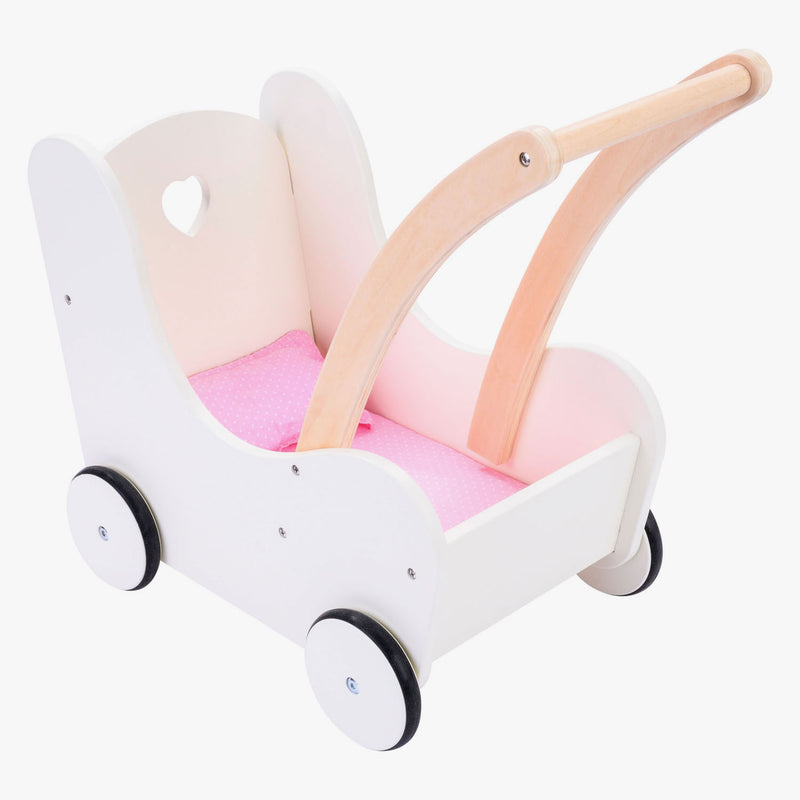 Afbeelding laden in galerijviewer, Engelhart poppen loopwagen roze wit – houten poppenwagen met matrasje, dekentje, kussentje opbergtas – geschikt voor alle poppen –
