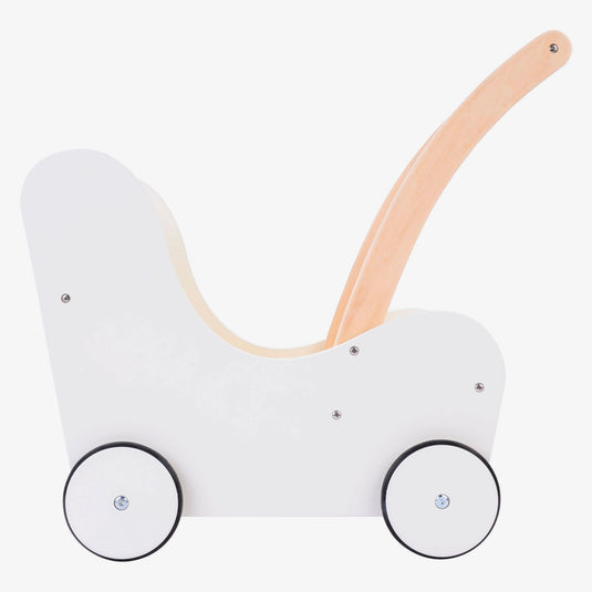 Engelhart poppen loopwagen roze wit – houten poppenwagen met matrasje, dekentje, kussentje opbergtas – geschikt voor alle poppen –