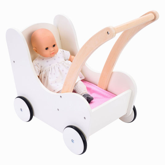 Engelhart poppen loopwagen roze wit – houten poppenwagen met matrasje, dekentje, kussentje opbergtas – geschikt voor alle poppen –