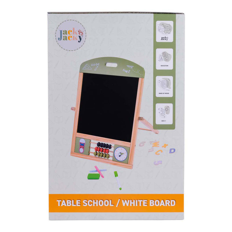 Afbeelding laden in galerijviewer, Jack jacky tafel schoolbord whiteboard – multifunctioneel 2-in-1 educatief speelbord – krijt- en magnetisch bord – leerbord met klok telraam – motoriek leren oefenen – inclusief accessoires – engelhart
