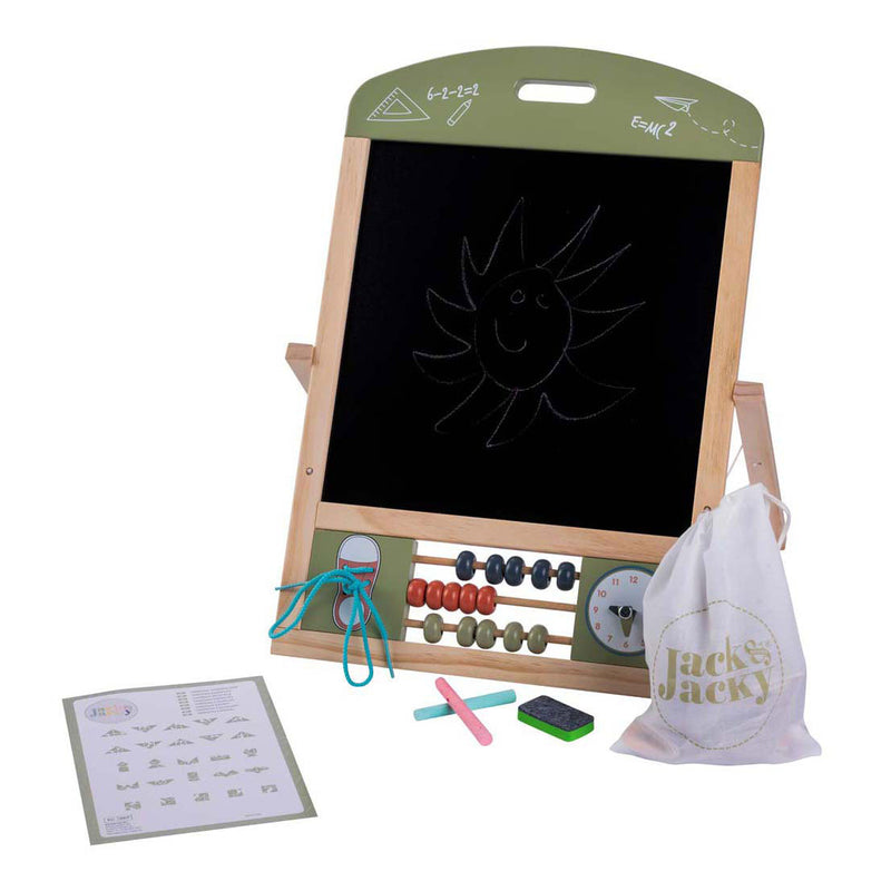 Afbeelding laden in galerijviewer, Jack jacky tafel schoolbord whiteboard – multifunctioneel 2-in-1 educatief speelbord – krijt- en magnetisch bord – leerbord met klok telraam – motoriek leren oefenen – inclusief accessoires – engelhart
