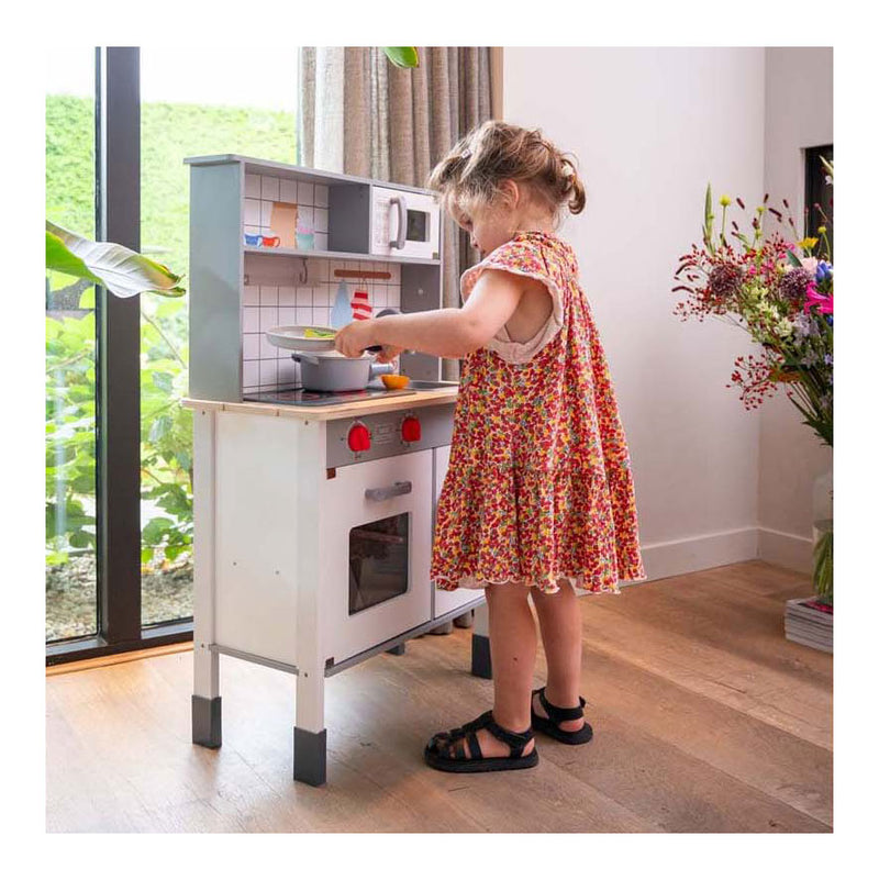 Afbeelding laden in galerijviewer, Dorjee houten speelkeuken – complete kinderkeuken met accessoires – oven, magnetron koelkast – inclusief pannen, spatels ijsmachine – kinderspel fantasiespel –
