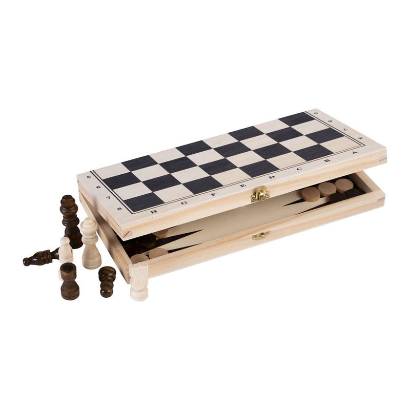 Afbeelding laden in galerijviewer, Engelhart opklapbare schaak backgammon set – berkenhout – houten schaakstukken koning 60 mm – spelbord 29 x 29 cm – luxe houten spelset – 2 spellen in 1 -
