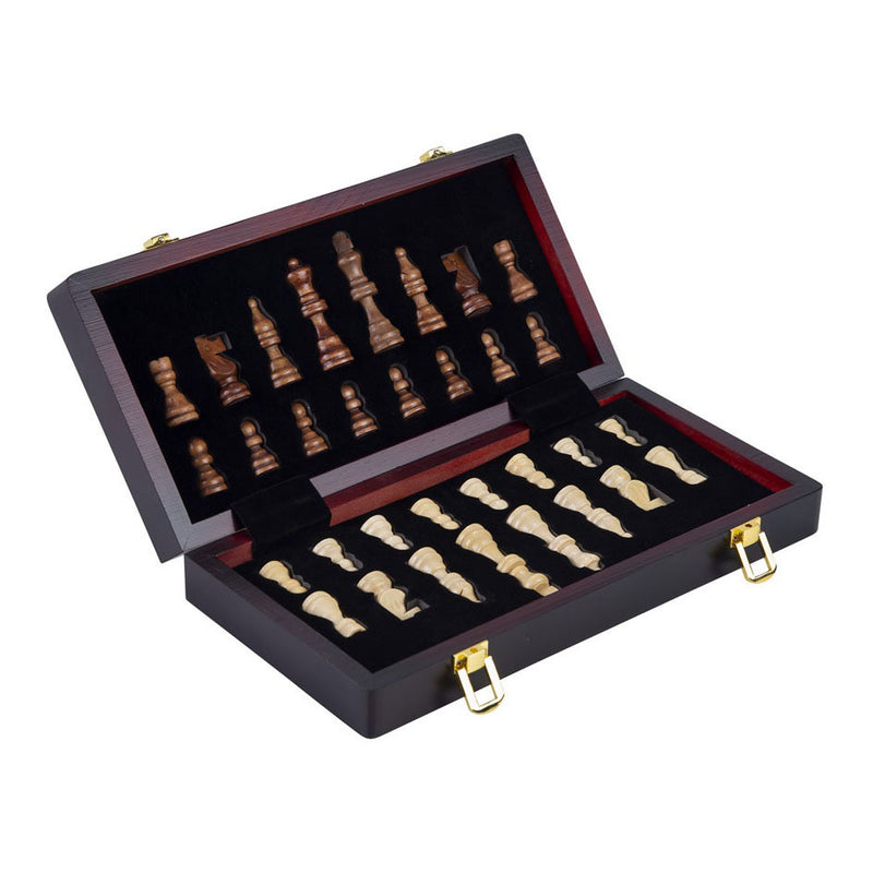 Afbeelding laden in galerijviewer, Engelhart schaakspel deluxe inklapbaar – houten schaakset van essenhout – luxe bruin schaakbord 38 x 38 x 5,8 cm – opklapbaar compact –
