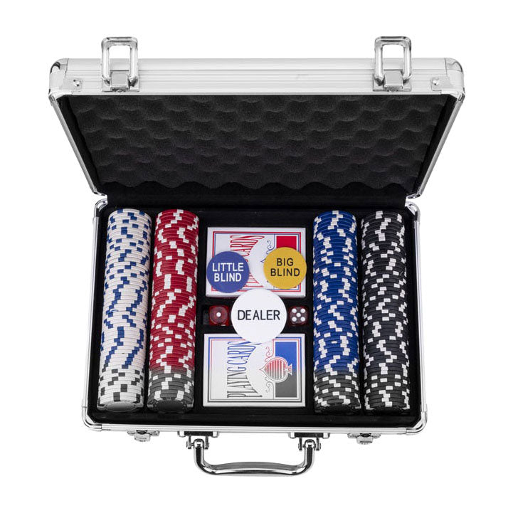 Afbeelding laden in galerijviewer, Longfield pokerset in zilveren koffer met 200 chips – compleet met kaarten, dealer buttons dobbelstenen – engelhart
