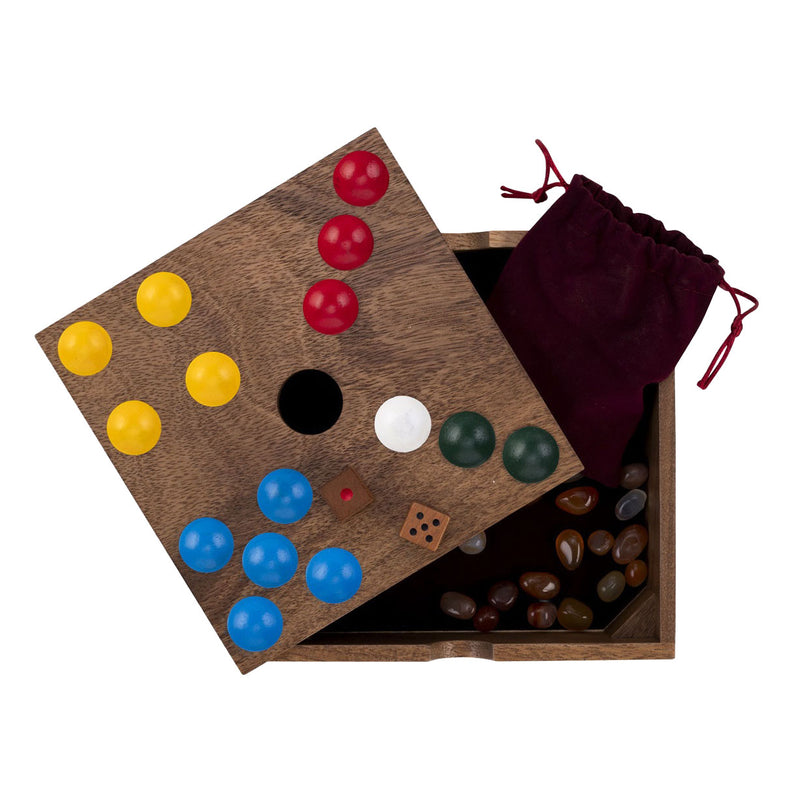 Afbeelding laden in galerijviewer, Engelhart edelstenen spel – walnoothout – 18,3 x 18,3 x 4 cm – inclusief 60 edelstenen – strategisch bordspel –
