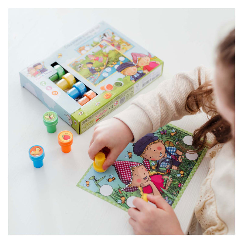 Afbeelding laden in galerijviewer, Fien teun creatieve stempelset, stempels en gekleurde kaarten - creatief, educatief speelgoed - boerderij speelgoed - vanaf 3 jaar - bambolino toys
