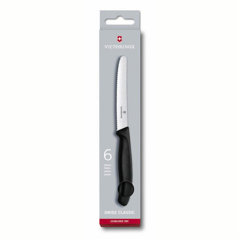Afbeelding laden in galerijviewer, Victorinox tafel- tomatenmessen gekarteld zwart lemmet doos a 6 stuks
