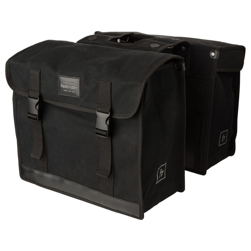 Afbeelding laden in galerijviewer, Fastrider canvas hybride 36 dubbele fietstas zwart 47l - afgeschuind - waterafstotend canvas - reflecterend - geschikt voor e-bike
