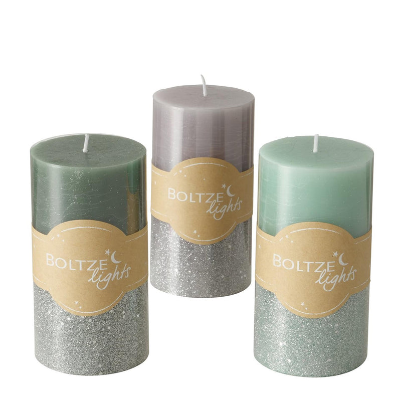 Afbeelding laden in galerijviewer, Boltze home stompkaars mariza ø7xh13cm , grey, sage green, silver colour-mix
