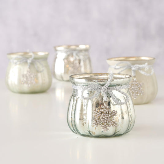 Boltze home theelichthouder glas caszina met glitterhanger h7,5cm dia8cm zilver beige
