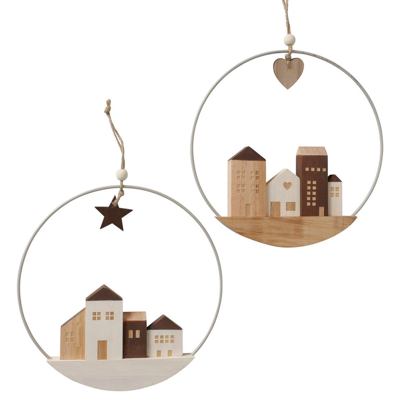 Afbeelding laden in galerijviewer, Boltze home decoratieve hanger oscar met houten huisjes in metalen ring dia 25cm
