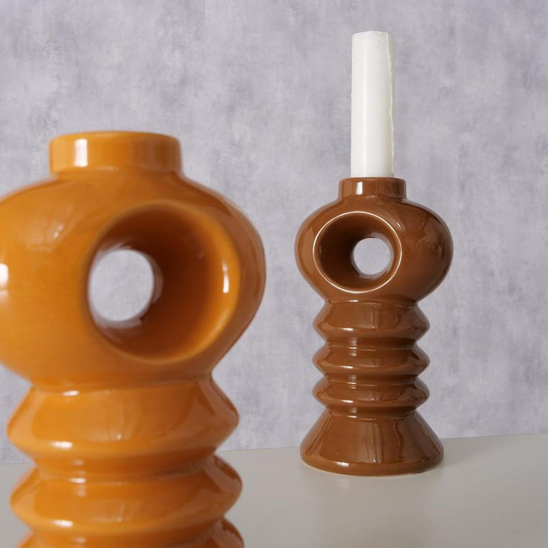 Afbeelding laden in galerijviewer, Boltze home kandelaar aardewerk h14cm oranje bruin
