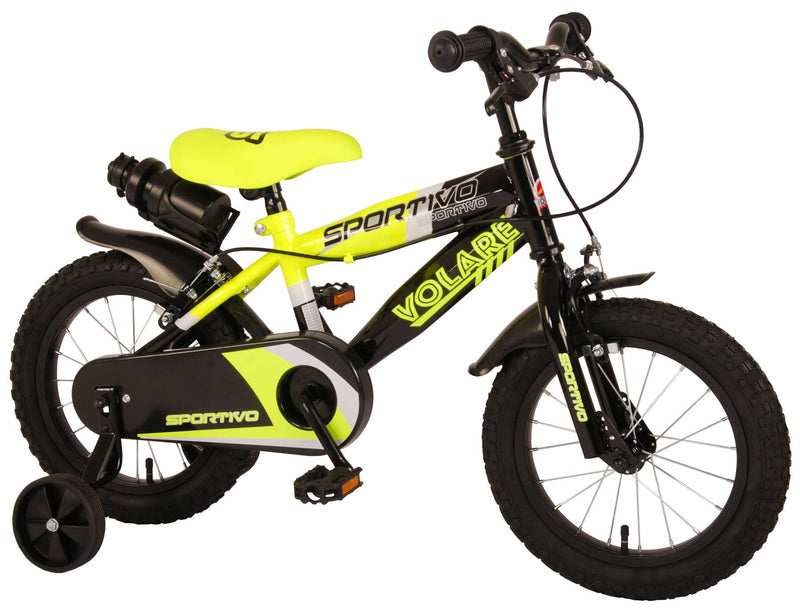 Afbeelding laden in galerijviewer, Volare Sportivo Kinderfiets Jongens 14 inch Neon Geel Zwart Twee Handremmen 95% afgemonteerd
