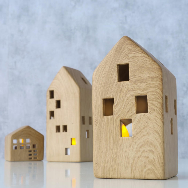 Afbeelding laden in galerijviewer, Boltze home theelichthouder huis hans 3-delig dolomiet h7,2-18,2cm b6,5-7,2cm hout-look bruin
