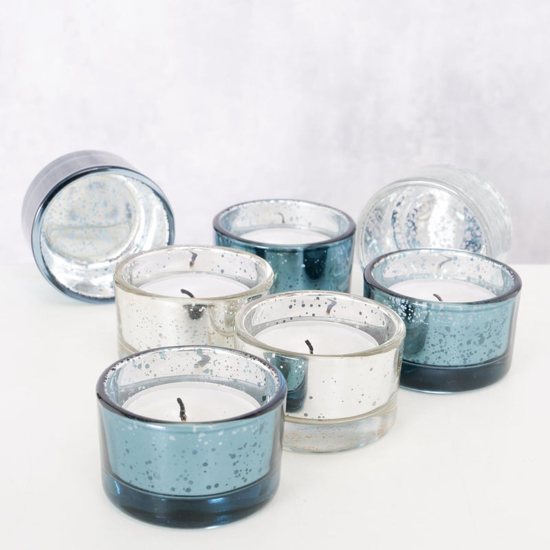 Afbeelding laden in galerijviewer, Boltze home theelichthouder balos glas 4-delig rond h3,3cm zilver blauw
