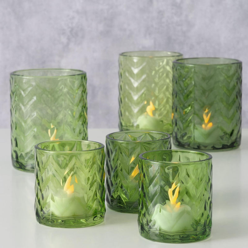 Afbeelding laden in galerijviewer, Boltze home windlicht viko 2-delig h 8-12,5cm glas gelakt groen
