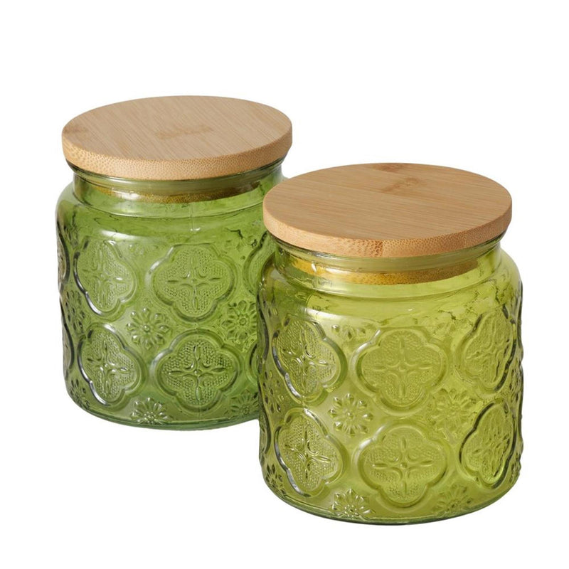 Afbeelding laden in galerijviewer, Boltze home voorraadpot imola 500 ml dia10x11cm glas gelakt met bamboe deksel groen

