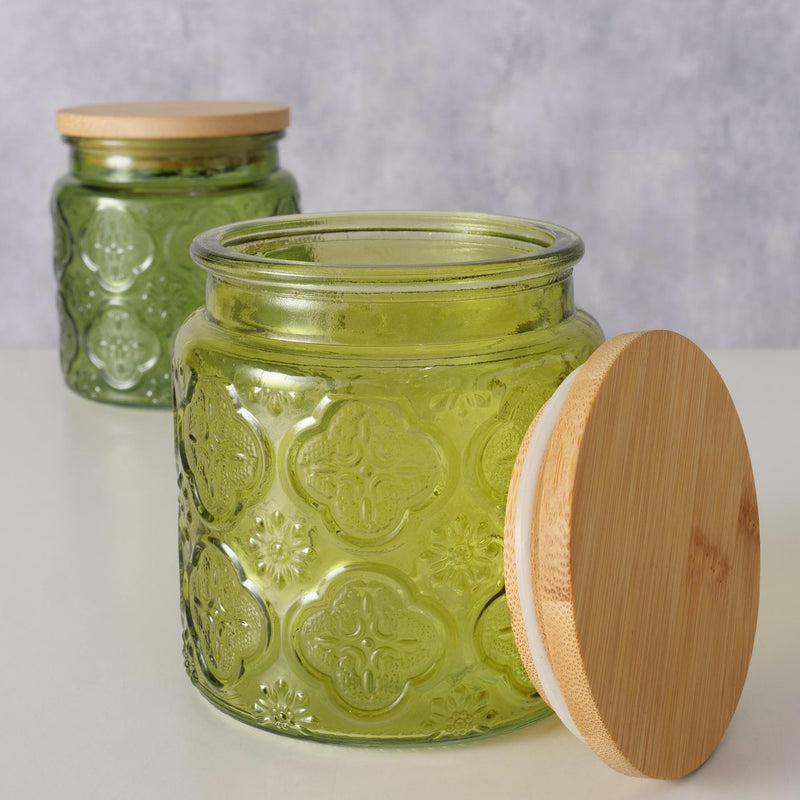 Afbeelding laden in galerijviewer, Boltze home voorraadpot imola 500 ml dia10x11cm glas gelakt met bamboe deksel groen
