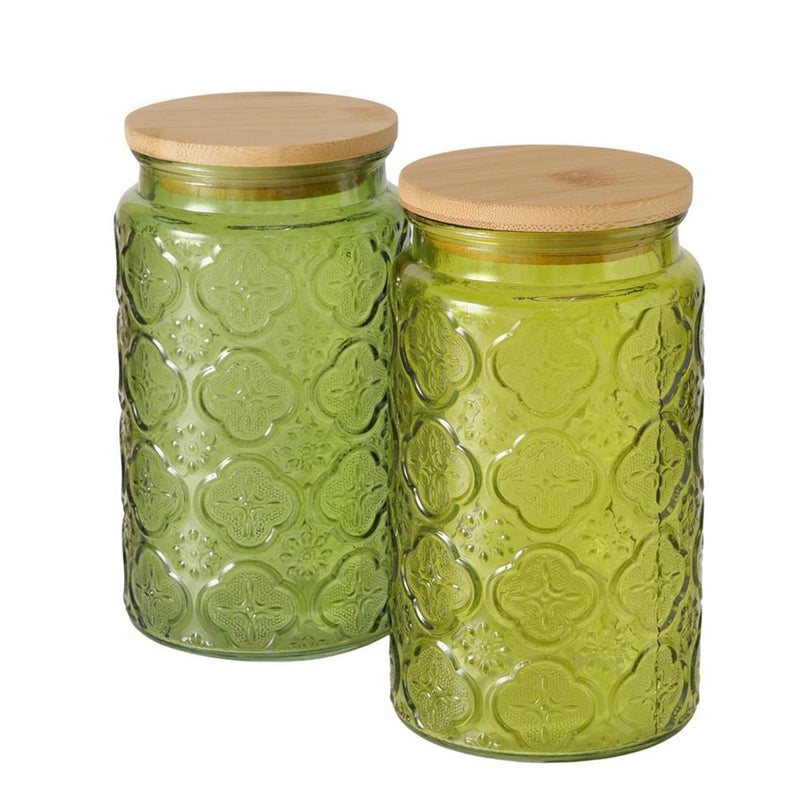 Afbeelding laden in galerijviewer, Boltze home voorraadpot imola 1000ml dia10x17cm glas gelakt met bamboe deksel groen
