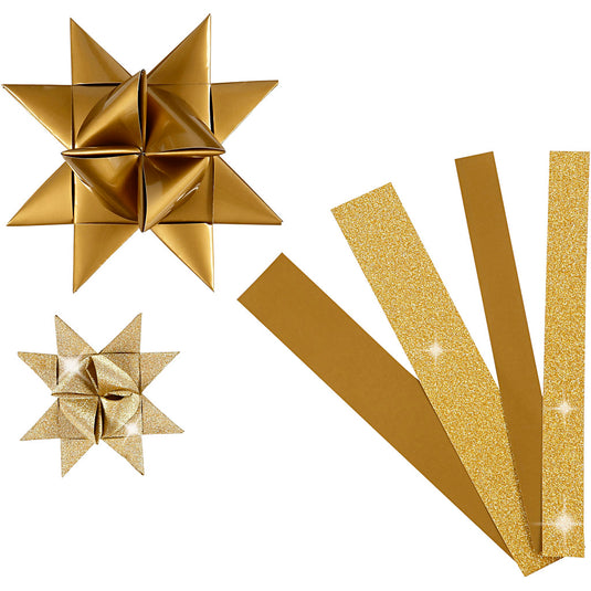 Papieren vlechtstroken, l: 44+78 cm, b: 15+25 mm, d 6,5+11,5 cm, glitter,vernis, goud, 40 stroken 1 doos