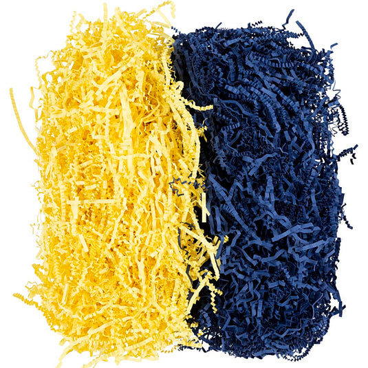 Crinkle papier, l: 25-30 cm, b: 3 mm, donkerblauw, geel, 2x50 gr 1 doos